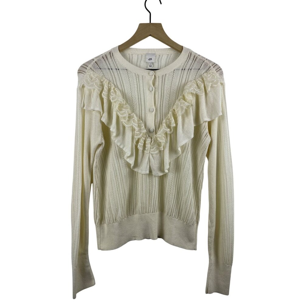 River Island Womens Size 14 Open Knit Pointelle Ruffle Victorian Button Cardigan